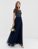 Maya Bridesmaid V Neck Maxi Tulle Dress with Tonal Delicate Sequins