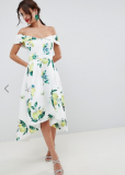 ASOS DESIGN Lemon Print Bardot Cold Shoulder Dip Back Midi